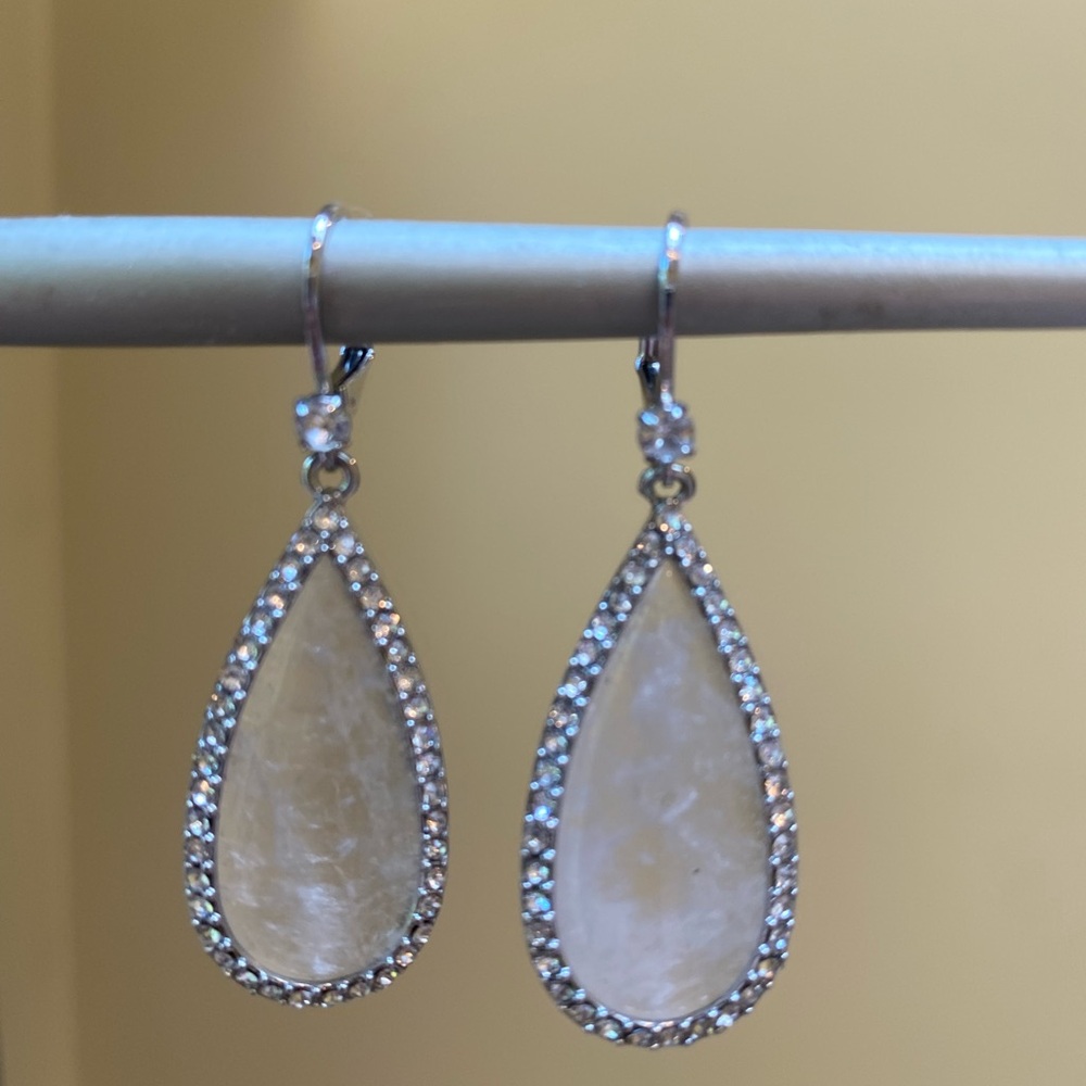 Faux Moonstone Silver Teardrop Earrings